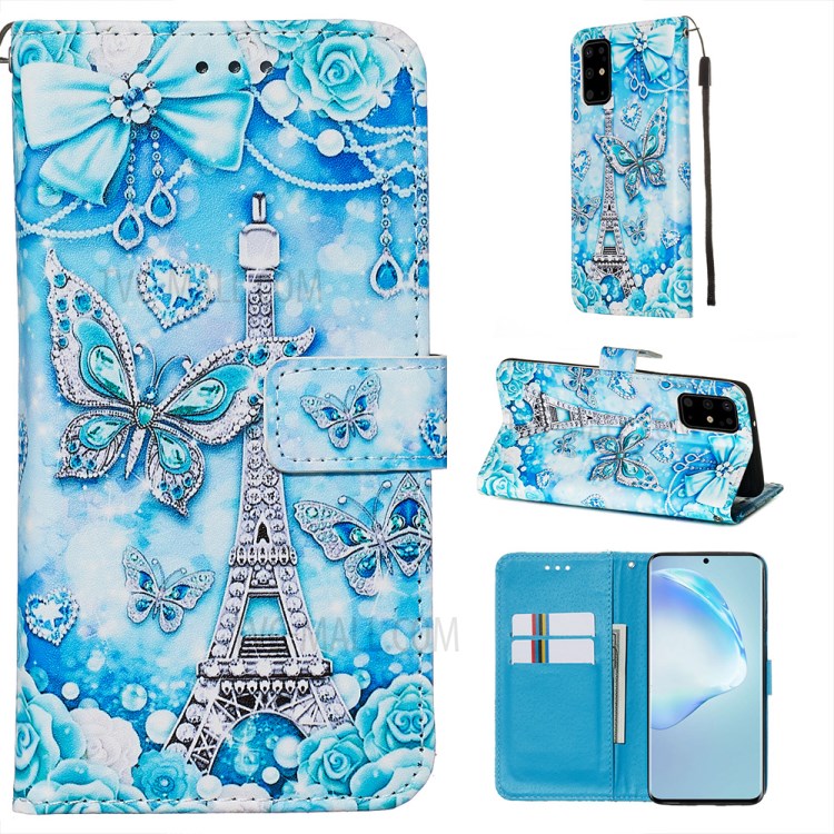 Pattern Printing Leather Wallet Case for Samsung Galaxy S20 Plus - Butterfly and Tower-1