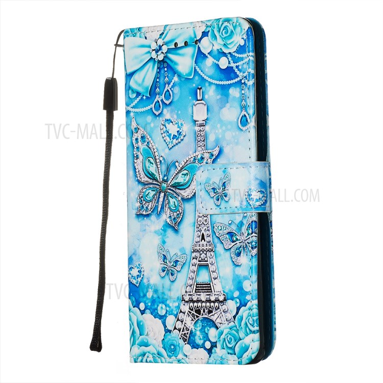 Pattern Printing Leather Wallet Case for Samsung Galaxy S20 Plus - Butterfly and Tower-4