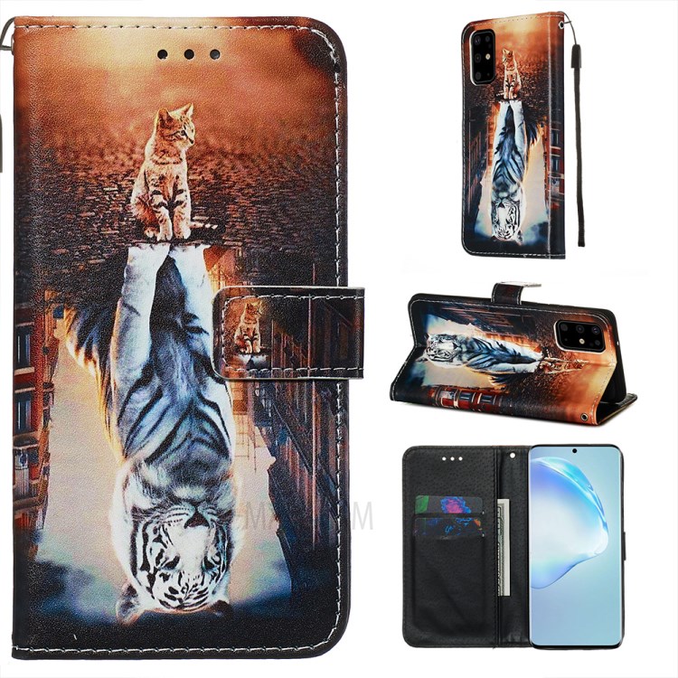 Pattern Printing Leather Wallet Case for Samsung Galaxy S20 Plus - Cat and Tiger-1