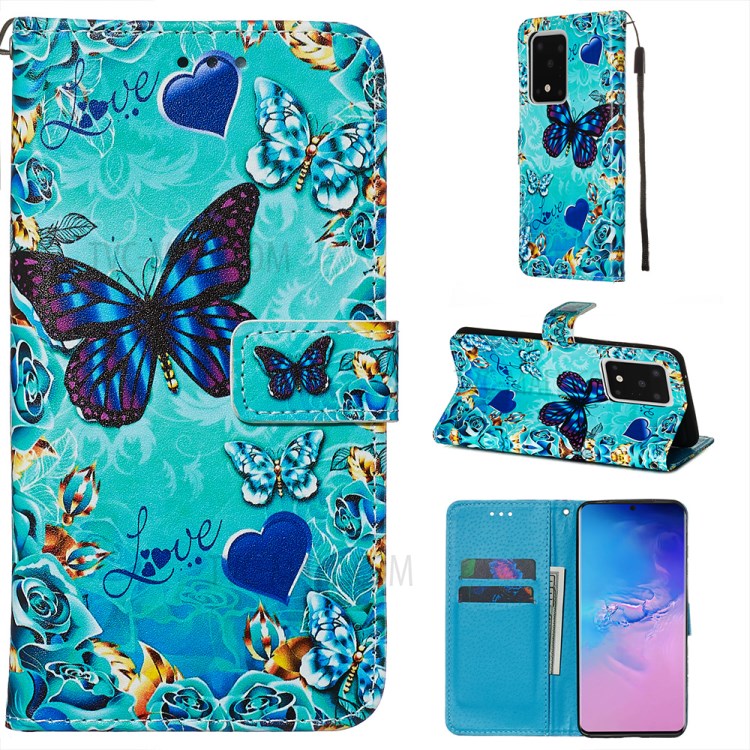 Pattern Printing Light Spot Decor Leather Wallet Case for Samsung Galaxy S20 Ultra - Blue Butterfly and Heart-1