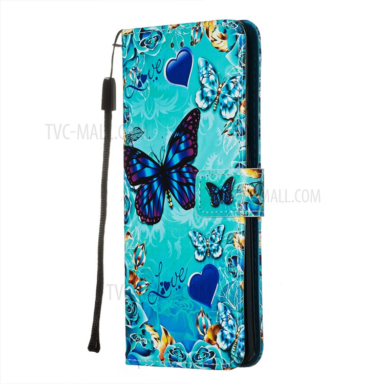 Pattern Printing Light Spot Decor Leather Wallet Case for Samsung Galaxy S20 Ultra - Blue Butterfly and Heart-4