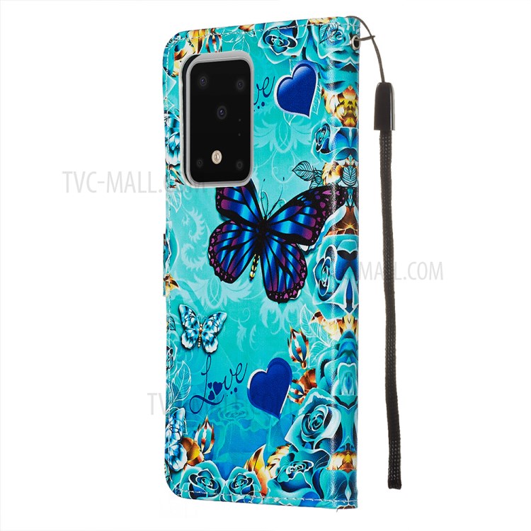 Pattern Printing Light Spot Decor Leather Wallet Case for Samsung Galaxy S20 Ultra - Blue Butterfly and Heart-5