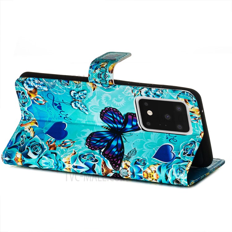 Pattern Printing Light Spot Decor Leather Wallet Case for Samsung Galaxy S20 Ultra - Blue Butterfly and Heart-6