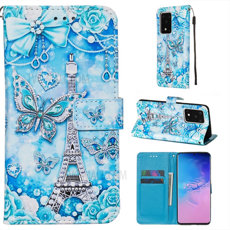 Pattern Printing Light Spot Decor Leather Wallet Case for Samsung Galaxy S20 Ultra - Butterfly and Tower-1