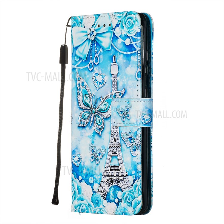 Pattern Printing Light Spot Decor Leather Wallet Case for Samsung Galaxy S20 Ultra - Butterfly and Tower-4