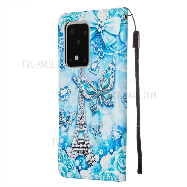 Pattern Printing Light Spot Decor Leather Wallet Case for Samsung Galaxy S20 Ultra - Butterfly and Tower-5