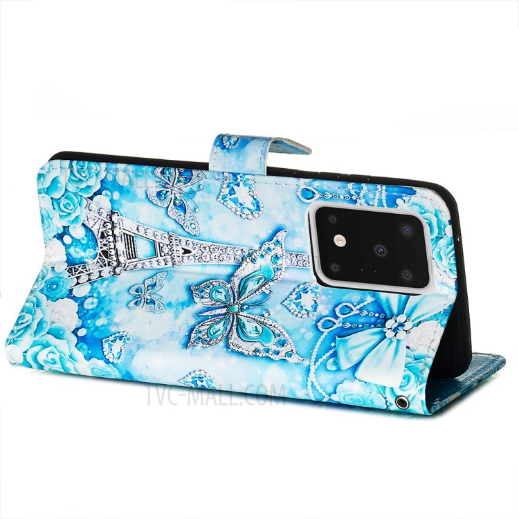 Pattern Printing Light Spot Decor Leather Wallet Case for Samsung Galaxy S20 Ultra - Butterfly and Tower-6