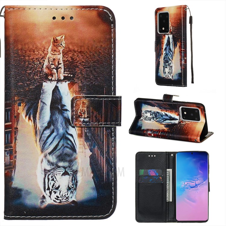 Pattern Printing Light Spot Decor Leather Wallet Case for Samsung Galaxy S20 Ultra - Cat and Tiger-1