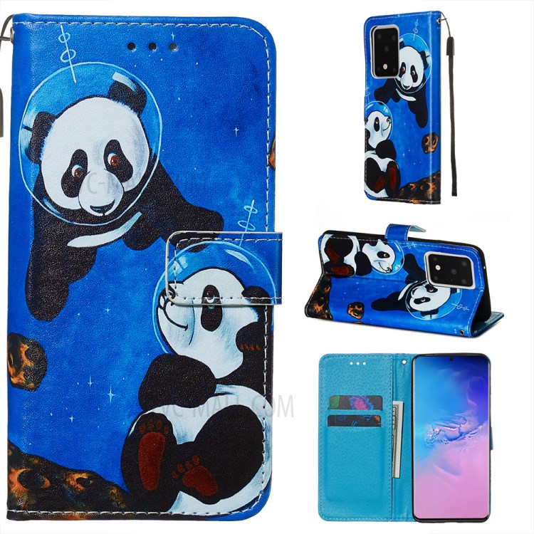 Pattern Printing Light Spot Decor Leather Wallet Case for Samsung Galaxy S20 Ultra - Two Pandas-1