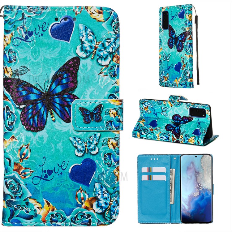 Pattern Printing Leather Wallet Case for Samsung Galaxy S20 - Blue Heart and Butterfly-1