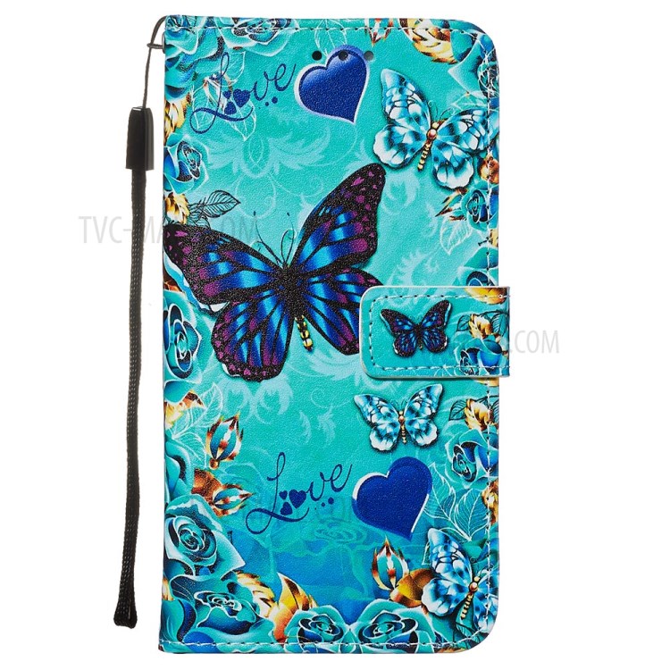 Pattern Printing Leather Wallet Case for Samsung Galaxy S20 - Blue Heart and Butterfly-2