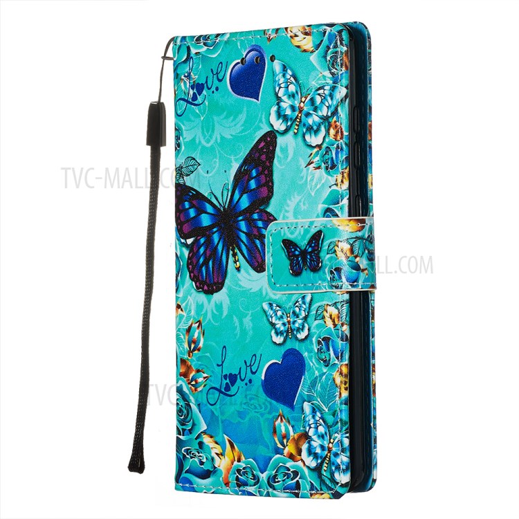 Pattern Printing Leather Wallet Case for Samsung Galaxy S20 - Blue Heart and Butterfly-4