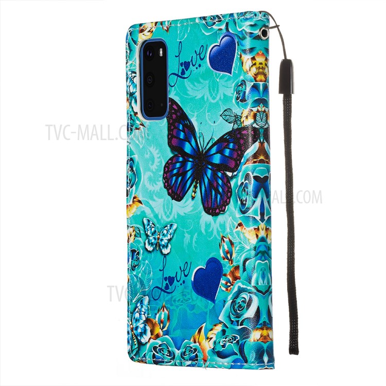 Pattern Printing Leather Wallet Case for Samsung Galaxy S20 - Blue Heart and Butterfly-5