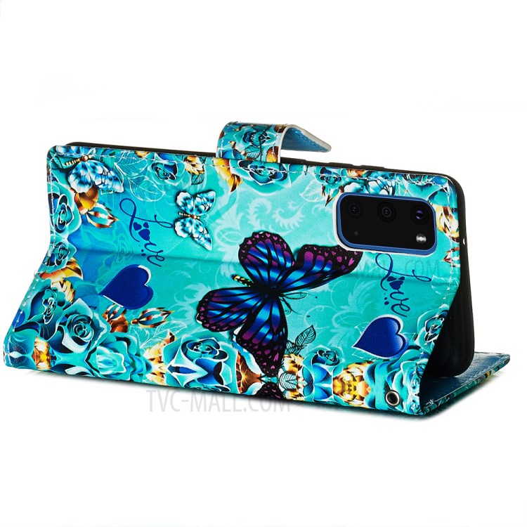 Pattern Printing Leather Wallet Case for Samsung Galaxy S20 - Blue Heart and Butterfly-6