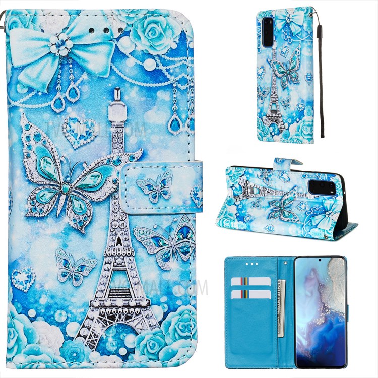 Pattern Printing Leather Wallet Case for Samsung Galaxy S20 - Butterfly and Tower-1