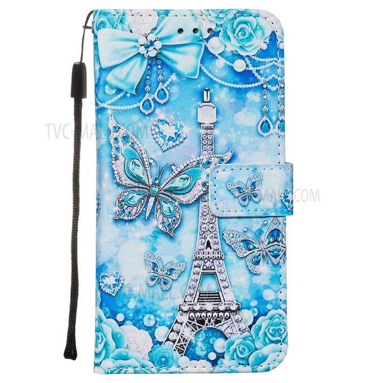 Pattern Printing Leather Wallet Case for Samsung Galaxy S20 - Butterfly and Tower-2