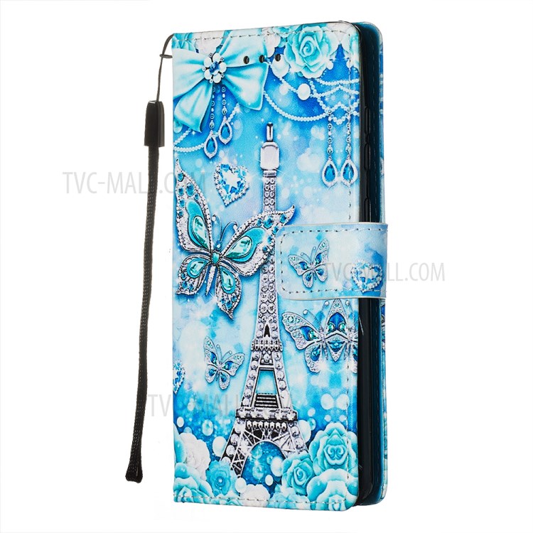 Pattern Printing Leather Wallet Case for Samsung Galaxy S20 - Butterfly and Tower-4
