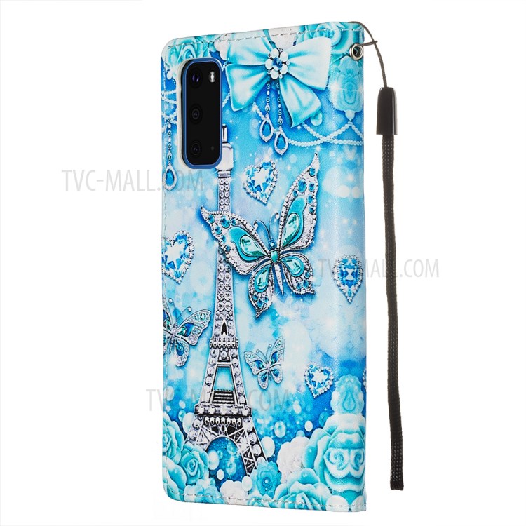 Pattern Printing Leather Wallet Case for Samsung Galaxy S20 - Butterfly and Tower-5