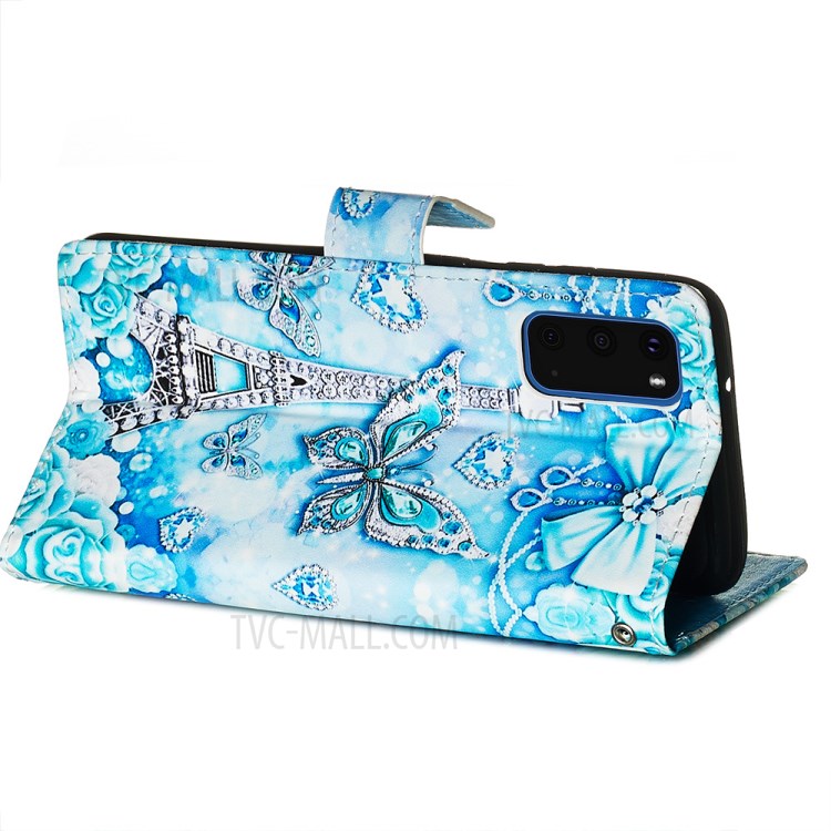 Pattern Printing Leather Wallet Case for Samsung Galaxy S20 - Butterfly and Tower-6
