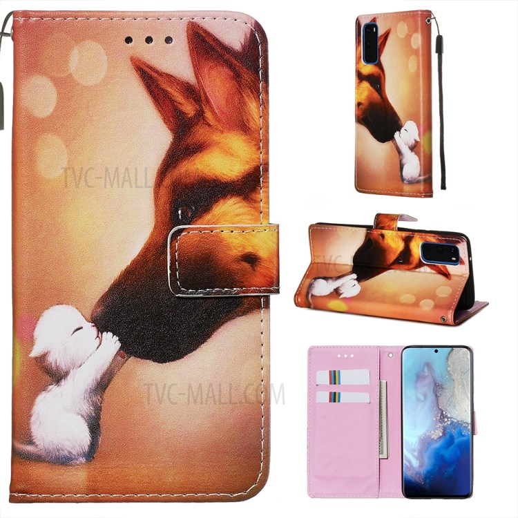 Pattern Printing Leather Wallet Case for Samsung Galaxy S20 - Cat and Dog-1