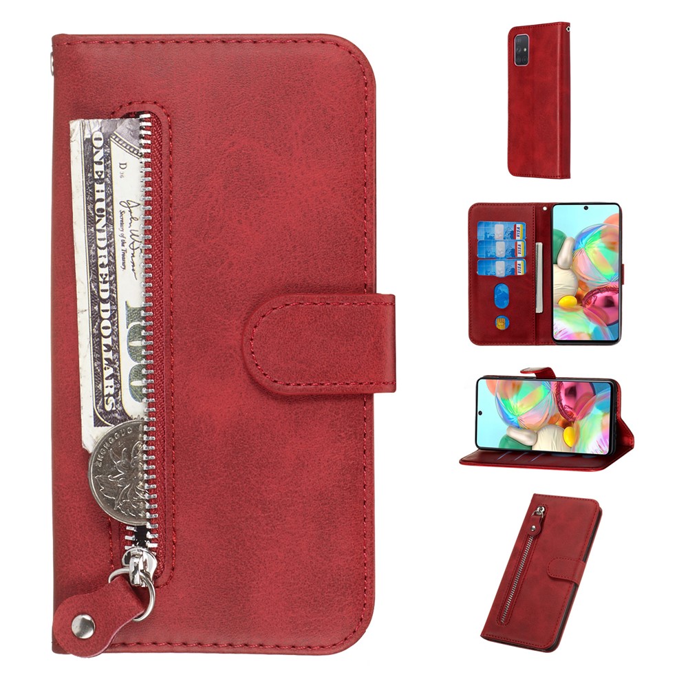 Zipper Pocket Wallet Stand Flip Leather Cell Phone Cover for Samsung Galaxy A71 - Red-1