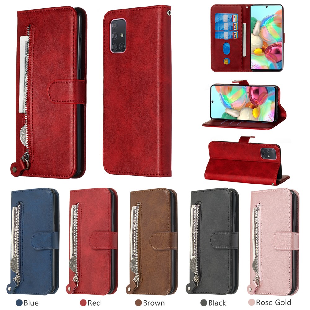 Zipper Pocket Wallet Stand Flip Leather Cell Phone Cover for Samsung Galaxy A71 - Red-13