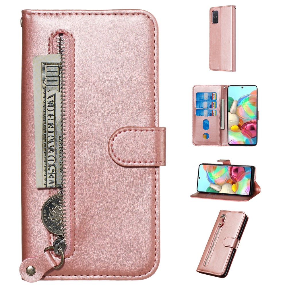 Zipper Pocket Wallet Stand Flip Leather Cell Phone Cover for Samsung Galaxy A71 - Rose Gold-1