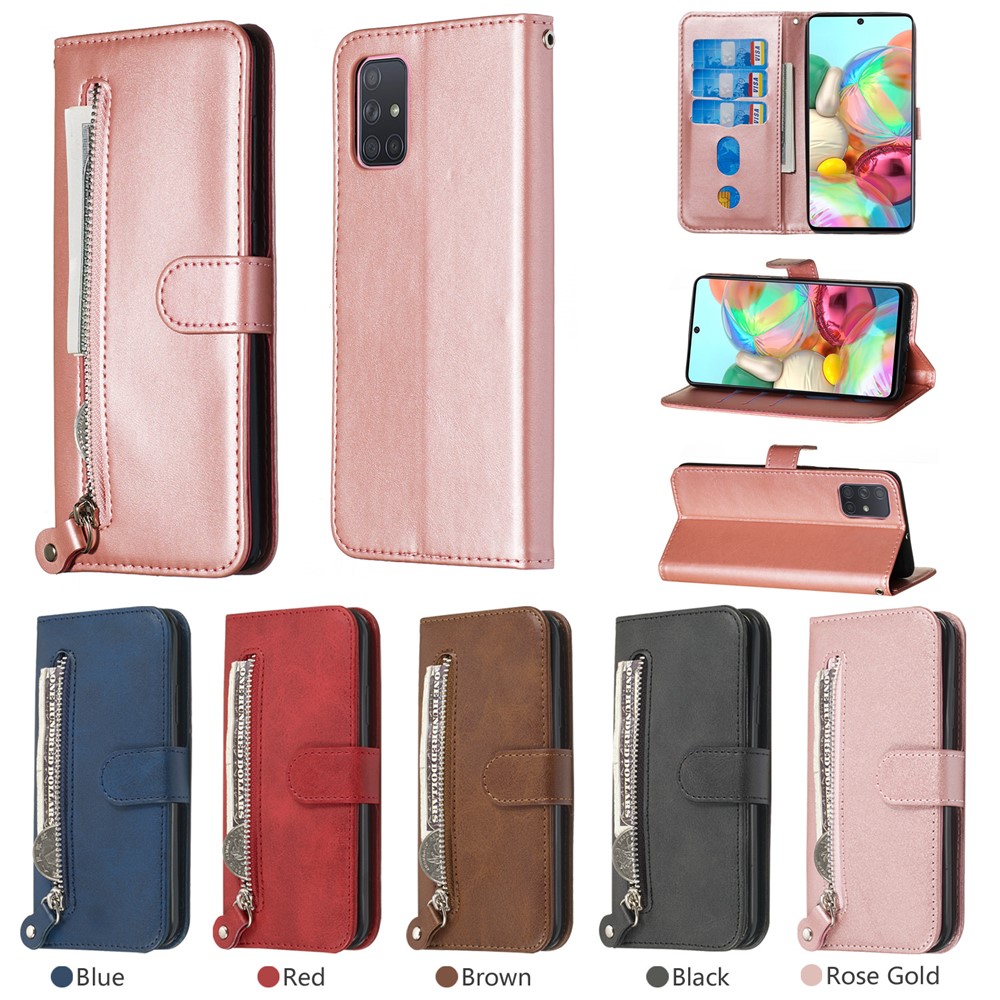 Zipper Pocket Wallet Stand Flip Leather Cell Phone Cover for Samsung Galaxy A71 - Rose Gold-13