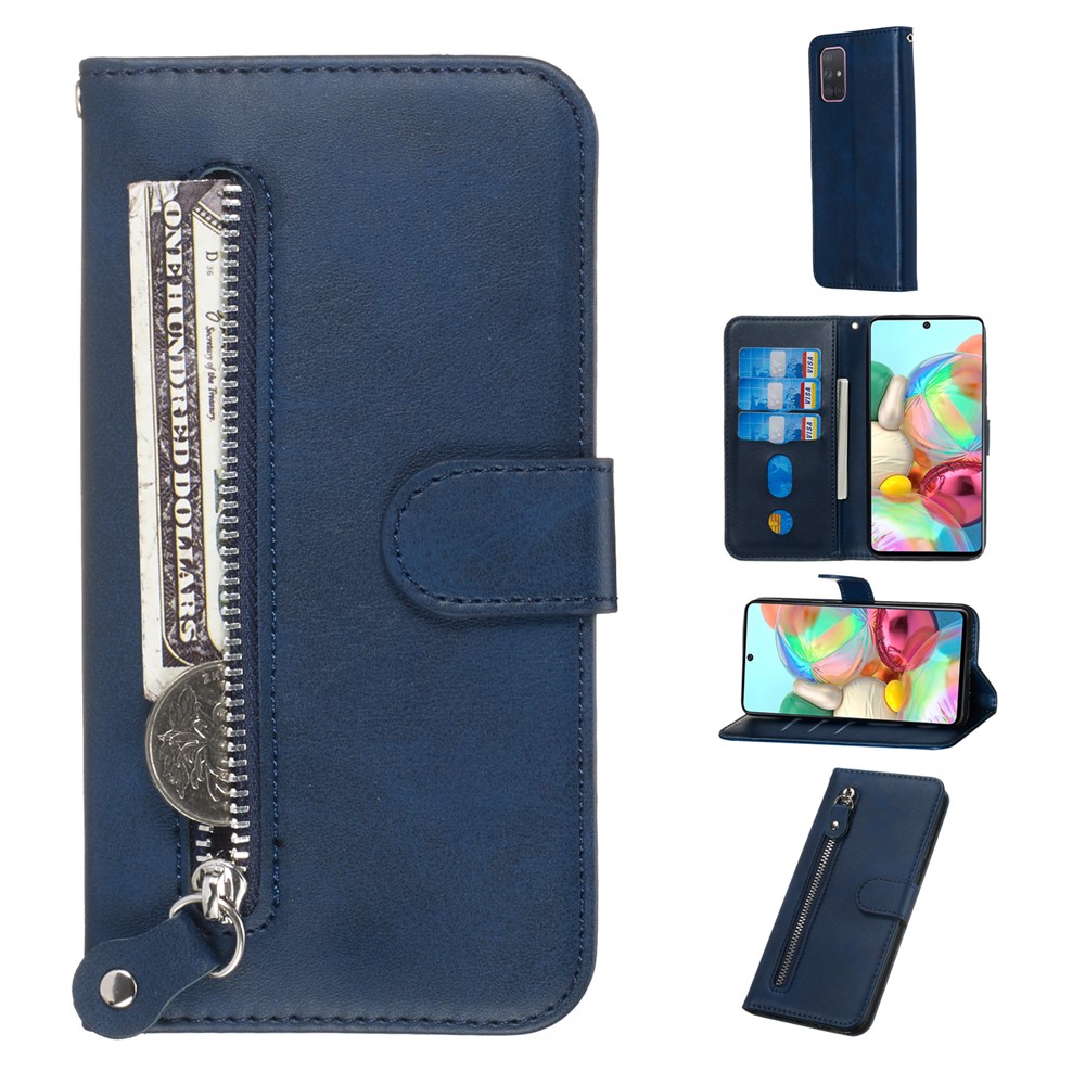 Zipper Pocket Wallet Stand Flip Leather Cell Phone Cover for Samsung Galaxy A71 - Blue-1