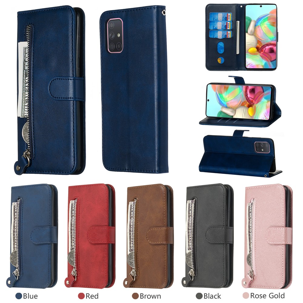 Zipper Pocket Wallet Stand Flip Leather Cell Phone Cover for Samsung Galaxy A71 - Blue-13