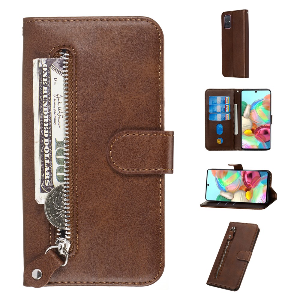 Zipper Pocket Wallet Stand Flip Leather Cell Phone Cover for Samsung Galaxy A71 - Brown-1