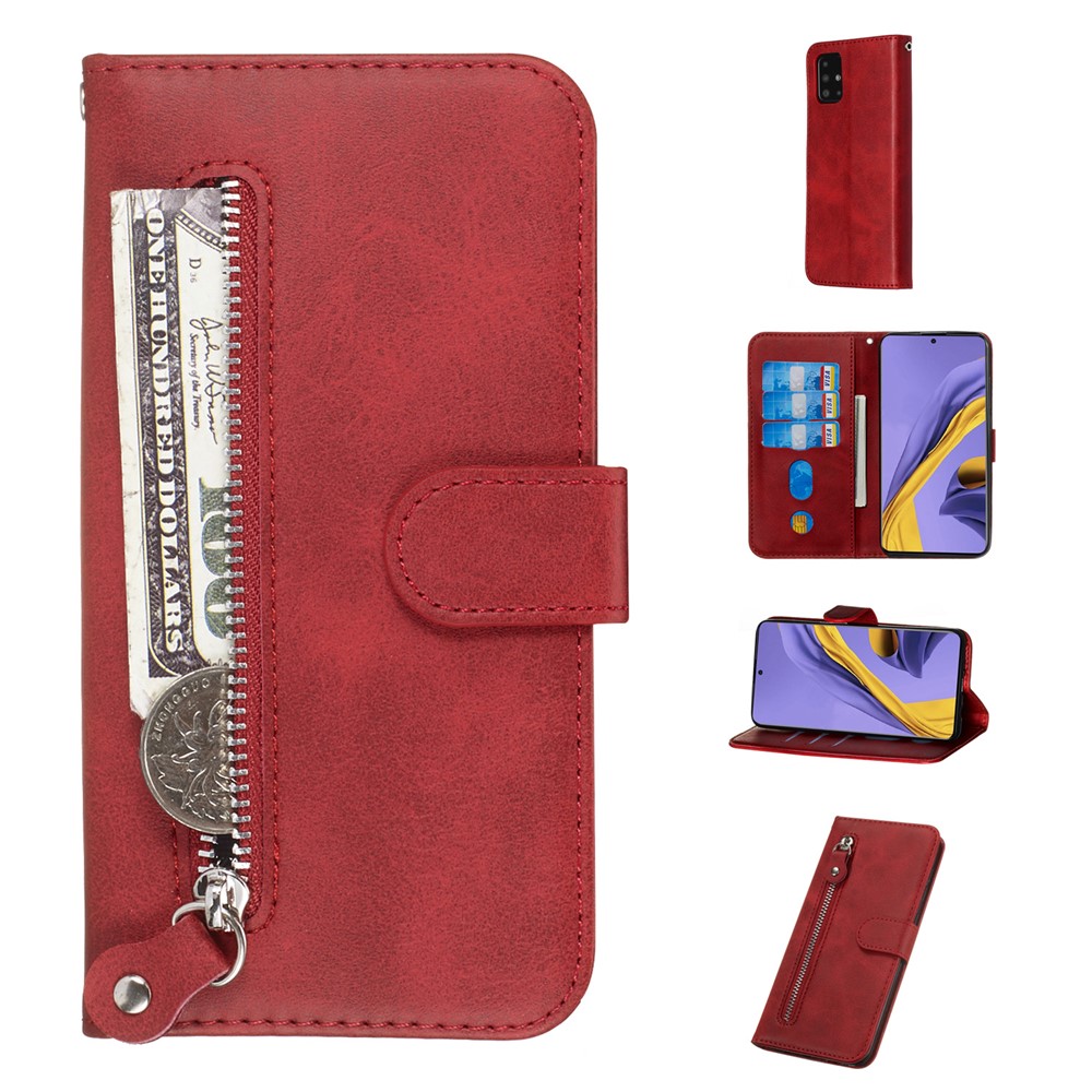 Zipper Pocket Leather Wallet Case for Samsung Galaxy A51 - Red-1
