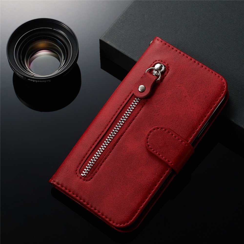Zipper Pocket Leather Wallet Case for Samsung Galaxy A51 - Red-12