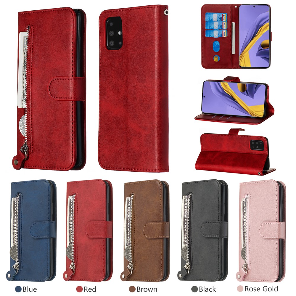 Zipper Pocket Leather Wallet Case for Samsung Galaxy A51 - Red-13