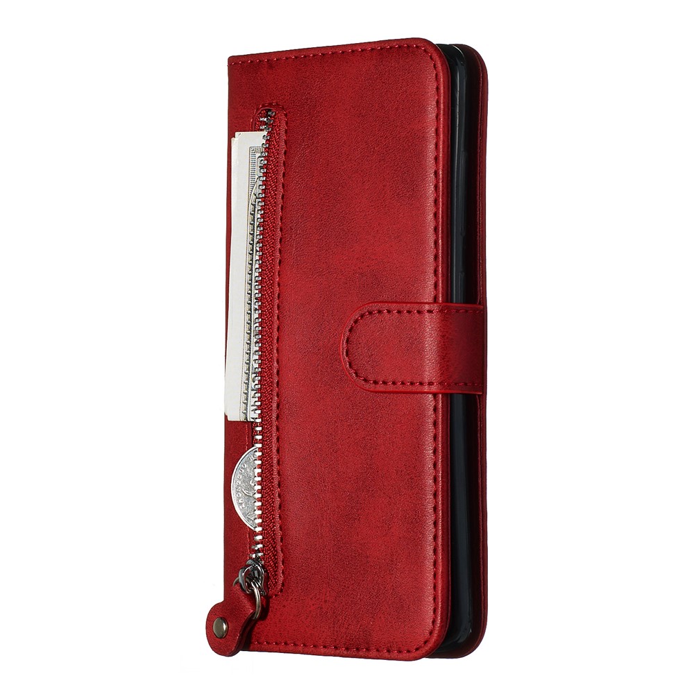 Zipper Pocket Leather Wallet Case for Samsung Galaxy A51 - Red-4