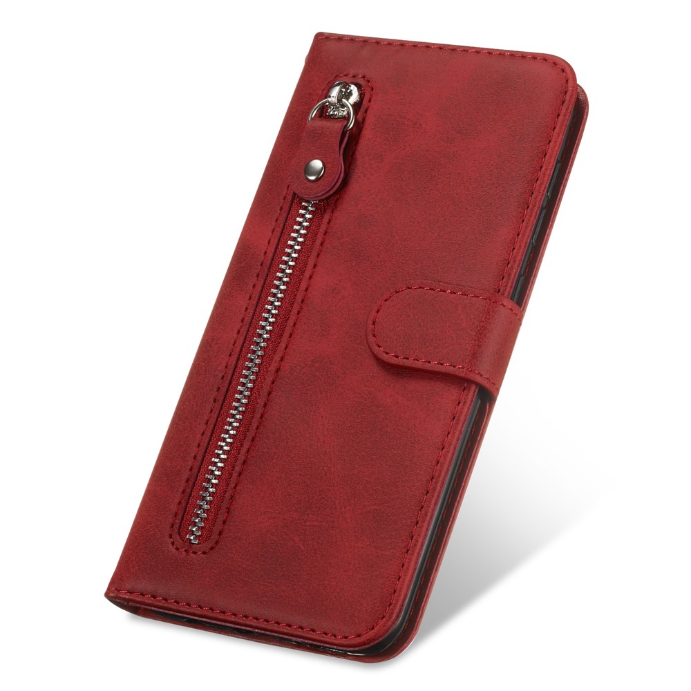 Zipper Pocket Leather Wallet Case for Samsung Galaxy A51 - Red-9