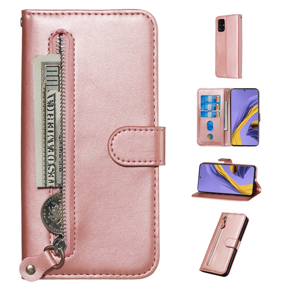 Zipper Pocket Leather Wallet Case for Samsung Galaxy A51 - Rose Gold-1