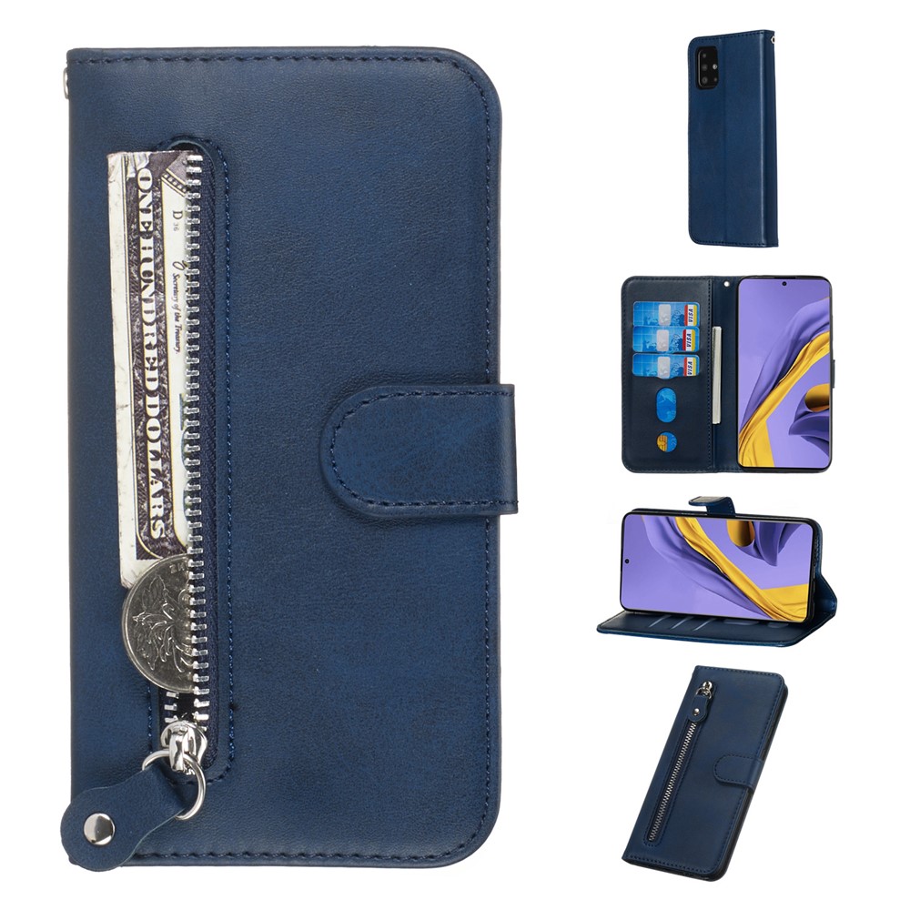 Zipper Pocket Leather Wallet Case for Samsung Galaxy A51 - Blue-1