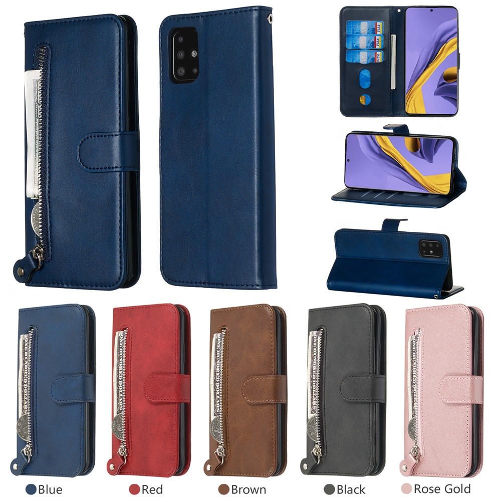 Zipper Pocket Leather Wallet Case for Samsung Galaxy A51 - Blue-13