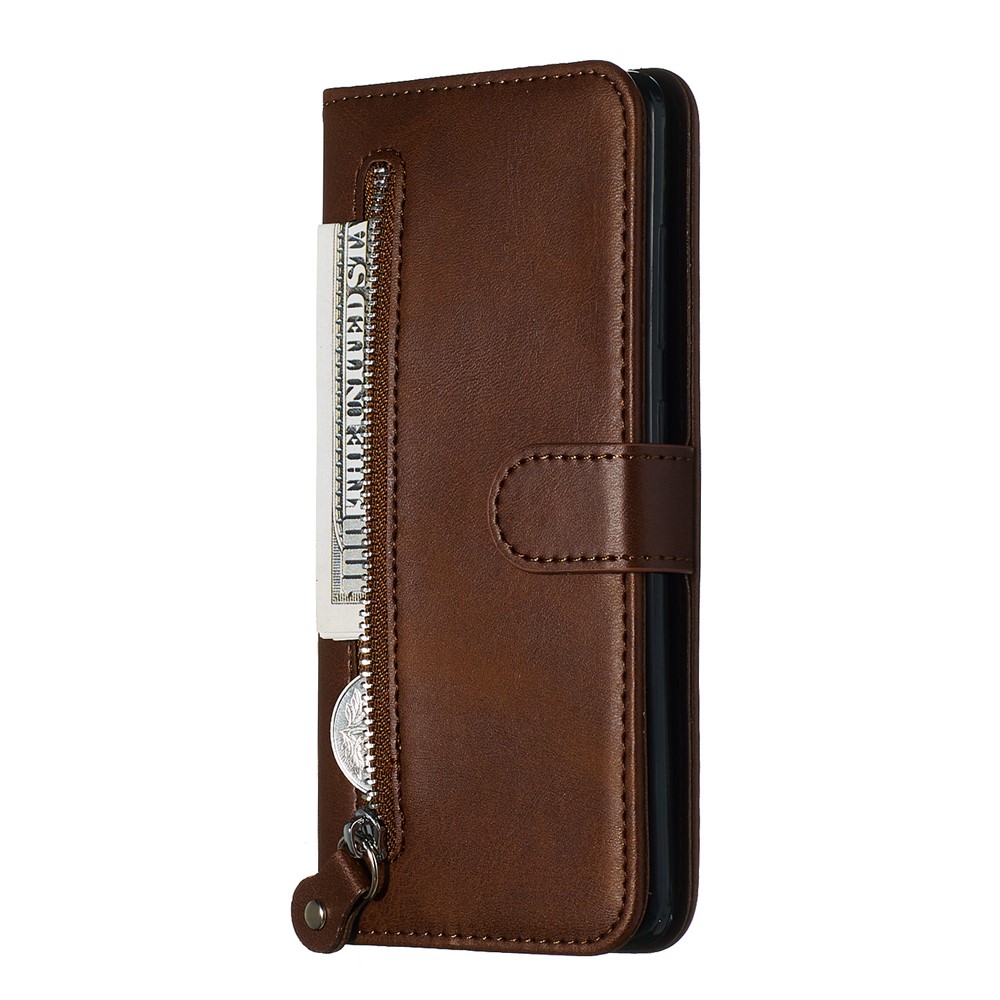 Zipper Pocket Leather Wallet Case for Samsung Galaxy A51 - Brown-4