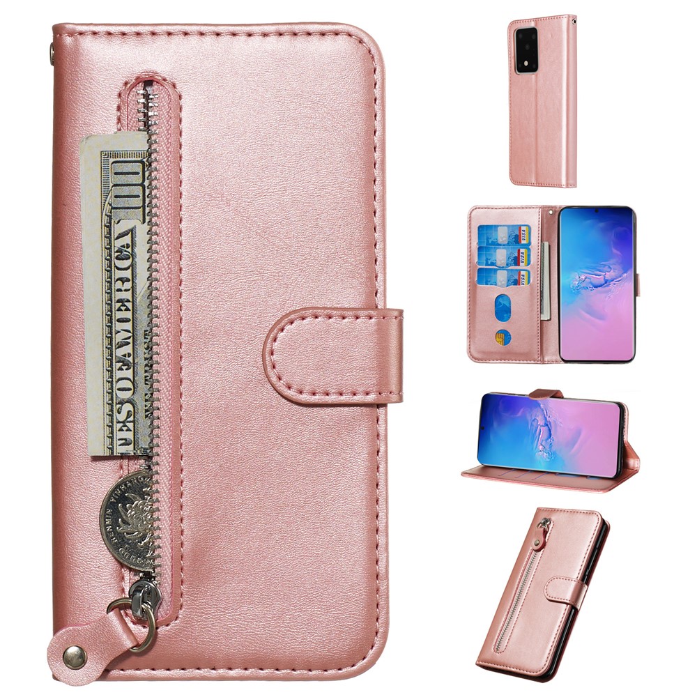 Zipper Pocket Leather Wallet Case for Samsung Galaxy S20 Ultra - Rose Gold-1