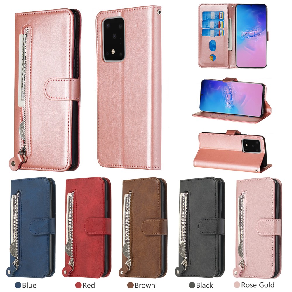 Zipper Pocket Leather Wallet Case for Samsung Galaxy S20 Ultra - Rose Gold-13