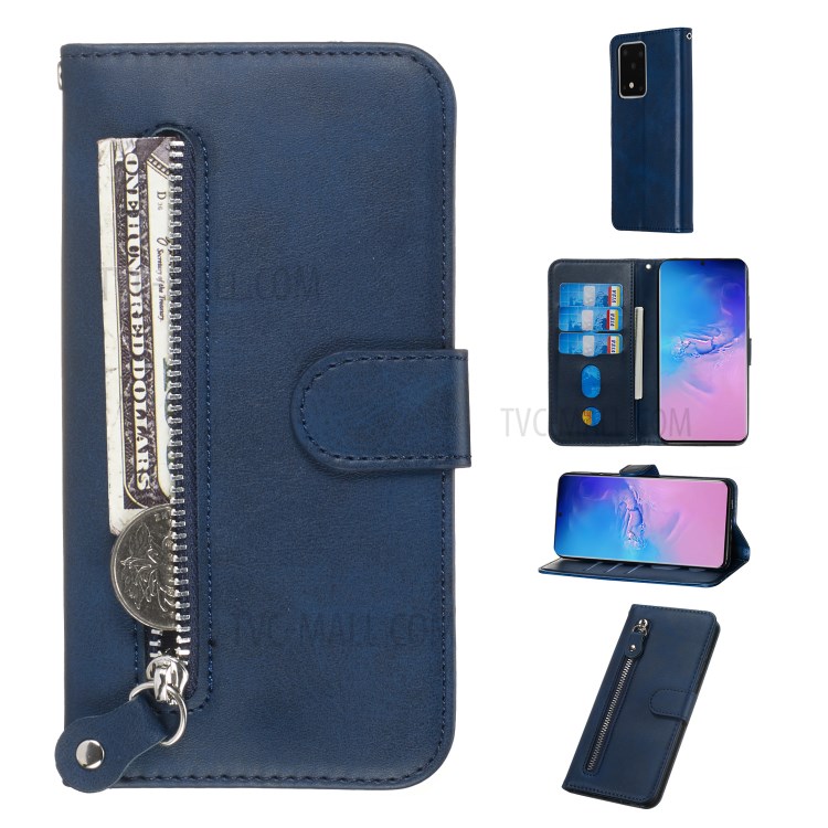Zipper Pocket Leather Wallet Case for Samsung Galaxy S20 Ultra - Blue-1