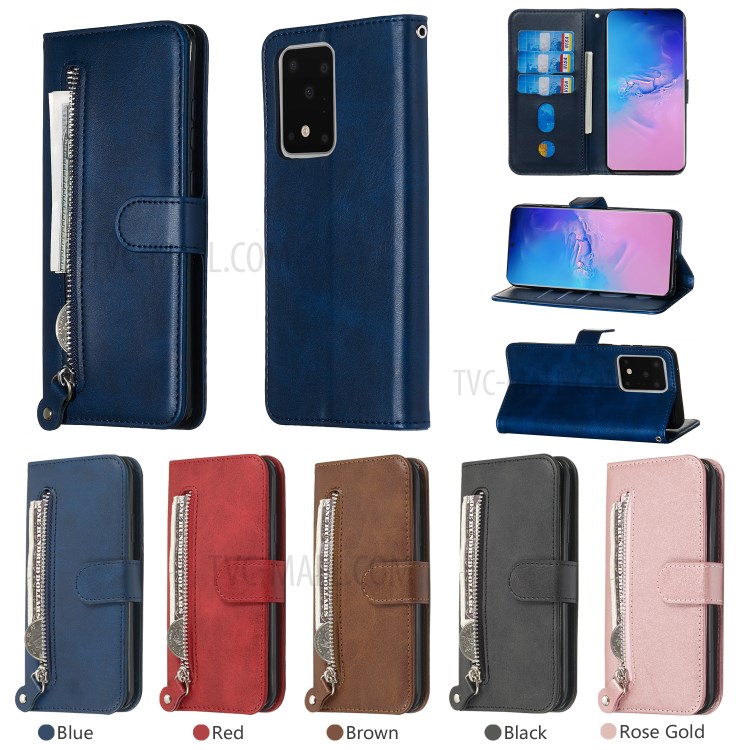Zipper Pocket Leather Wallet Case for Samsung Galaxy S20 Ultra - Blue-13