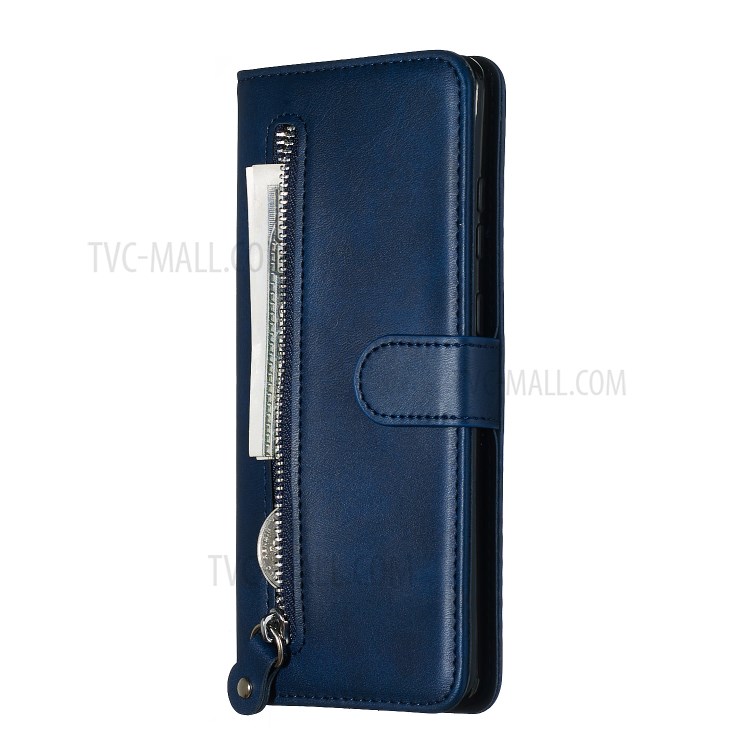 Zipper Pocket Leather Wallet Case for Samsung Galaxy S20 Ultra - Blue-4