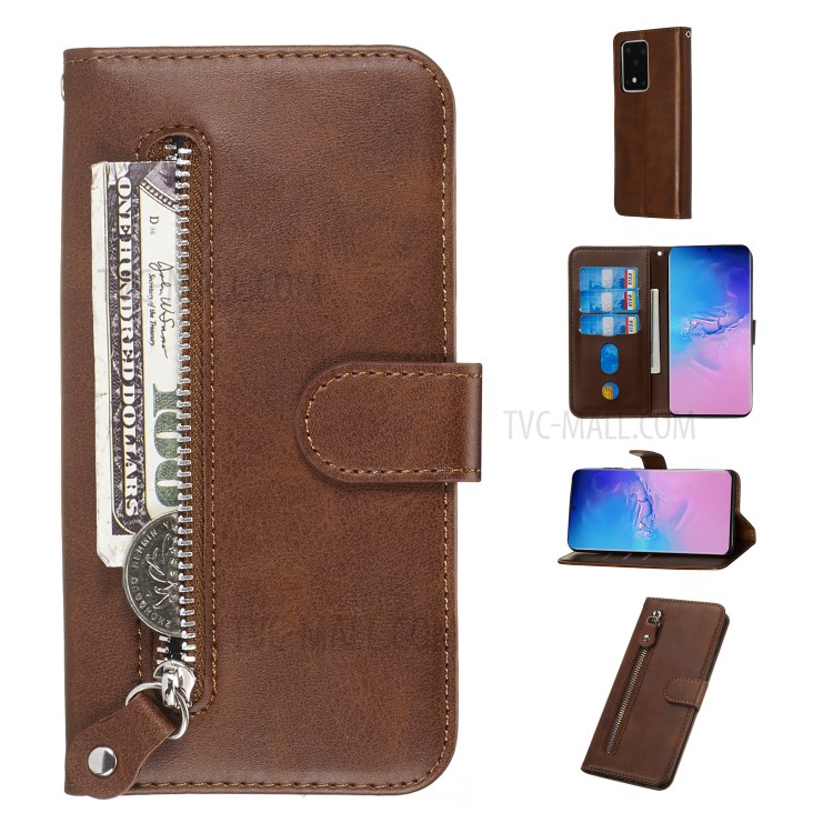 Zipper Pocket Leather Wallet Case for Samsung Galaxy S20 Ultra - Brown-1