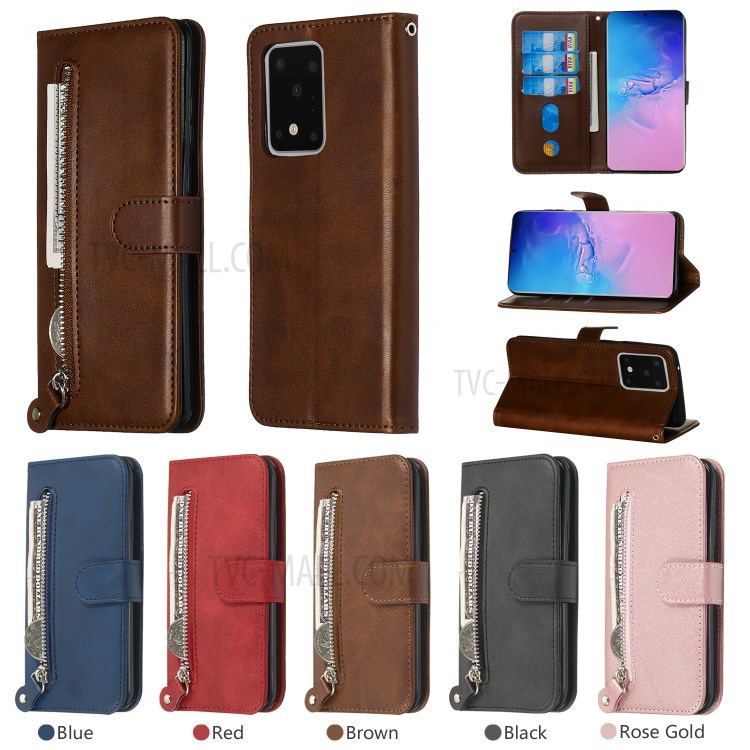 Zipper Pocket Leather Wallet Case for Samsung Galaxy S20 Ultra - Brown-13