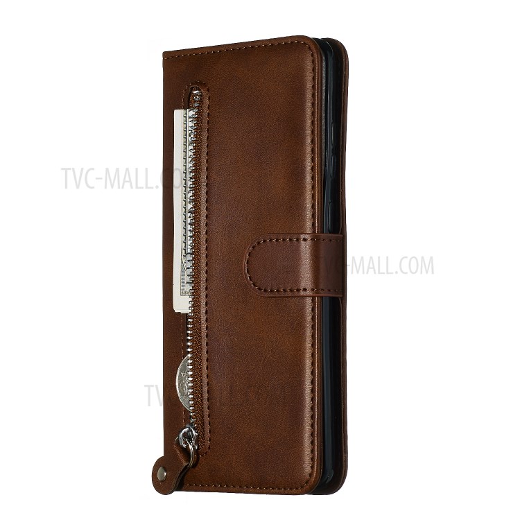 Zipper Pocket Leather Wallet Case for Samsung Galaxy S20 Ultra - Brown-4