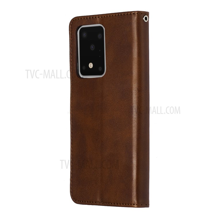 Zipper Pocket Leather Wallet Case for Samsung Galaxy S20 Ultra - Brown-5