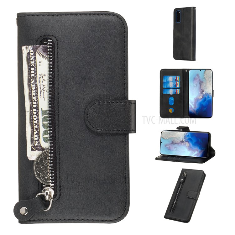 Zipper Pocket Leather Wallet Stand Case for Samsung Galaxy S20 - Black-1